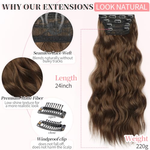 Image of KooKaStyle Clip in Synthetic Hair Extensions Long Wavy 4PCS Thick Hairpieces Warm Auburn Brown Fiber Double Weft Natural Hair Extensions 24 Inch for Women