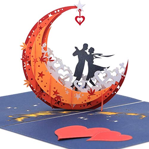 NLR 3D Pop-up Tarjeta de felicitación # Los amantes bailan en el barco lunar | Lo mejor para el aniversario, el día de San Valentín, el cumpleaños, la ceremonia de la boda (rojo)