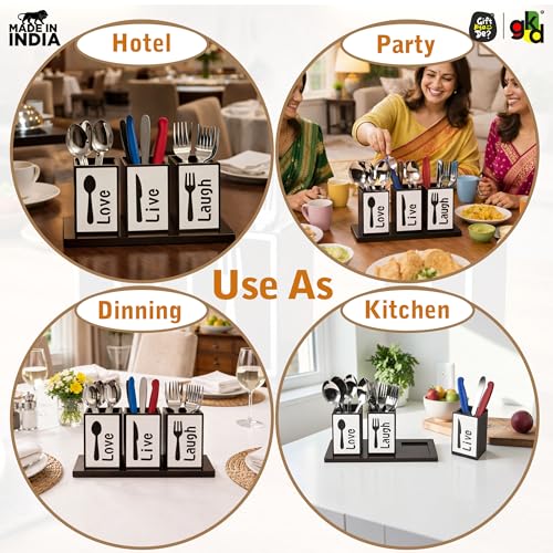 Image of GKD Wooden Spoon Holder for Kitchen Counter, 3 Section Cutlery Stand Organizer for Spoon Knife Fork, MDF Wood Utensil Holder with Base for Dining Table & Kitchen (Made in India) (Love Laugh)