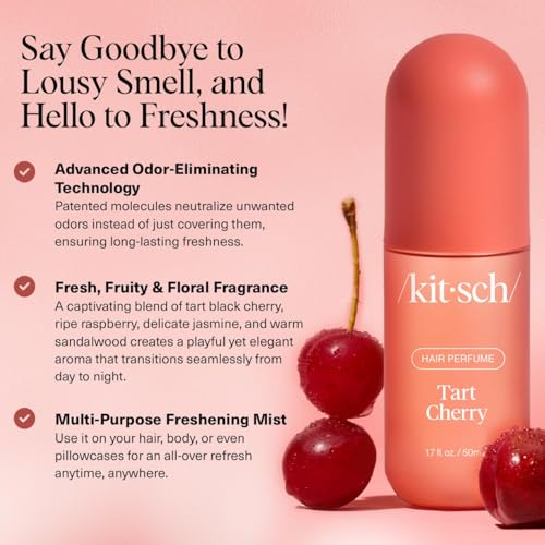 Image of Kitsch Hair Perfume for Women - Tart Cherry, 50mL | Clean, Deodorizing & Patented Odor-Eliminating Technology Hair Spray & Body Mist | Freshen Hair, Body & Pillows