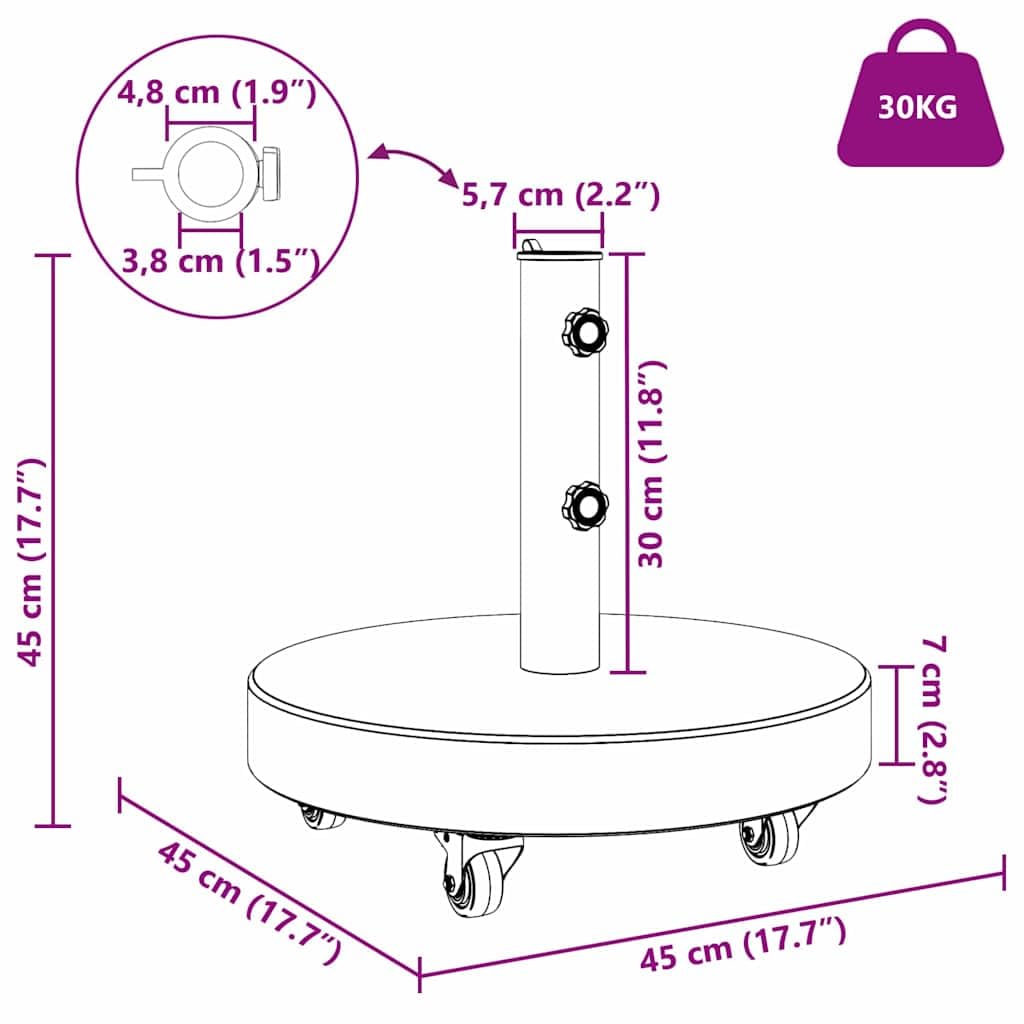 Supporto per ombrellone da 30 kg, nero, in granito e acciaio inox, rotondo, arrotolabile, per balcone, terrazza, giardino, patio, base per ombrellone da mercato e ombrellone, resistente alle