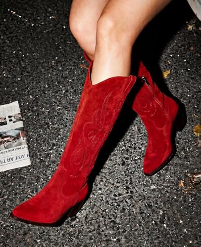 Image of Pasuot Western Cowboy Boots for Women - Knee High Wide Calf Cowgirl Boots, Slip On Pointed Toe Chunky Heel Fashion Retro Classic Pull On Tall Boot for ladies Party concert
