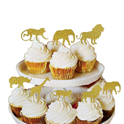 BUSOHA (30 pcs) Gold Glitter Jungle Safari Animal Cupcake Toppers Picks Jungle Animals Cake Decorations for Jungle safari Animals Party Baby Showers Birthday Party