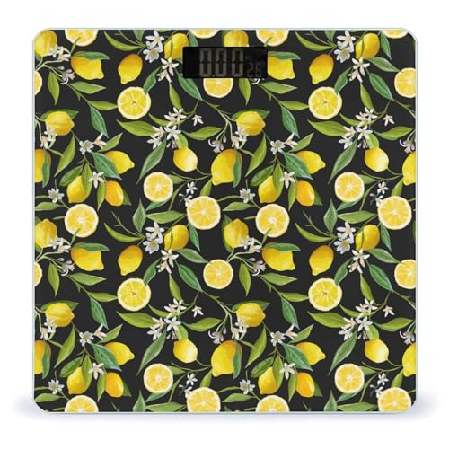 Báscula digital de limón, frutas, flores, hojas, para peso corporal, pantalla LCD brillante, báscula digital de peso para baño con encendido y apagado automático, superficie de vidrio templado