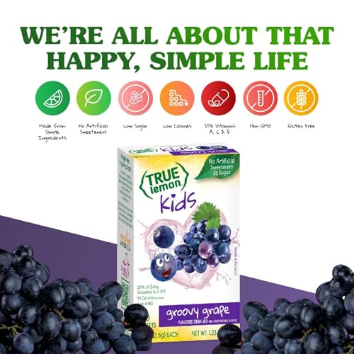 TRUE LEMON KIDS Groovy Grape (10 Packets) for Hydration - No Preservatives, No Artificial Flavors, No Artificial Sweeteners - Low Sugar Water Flavoring - Powdered Drink Mix for Kids