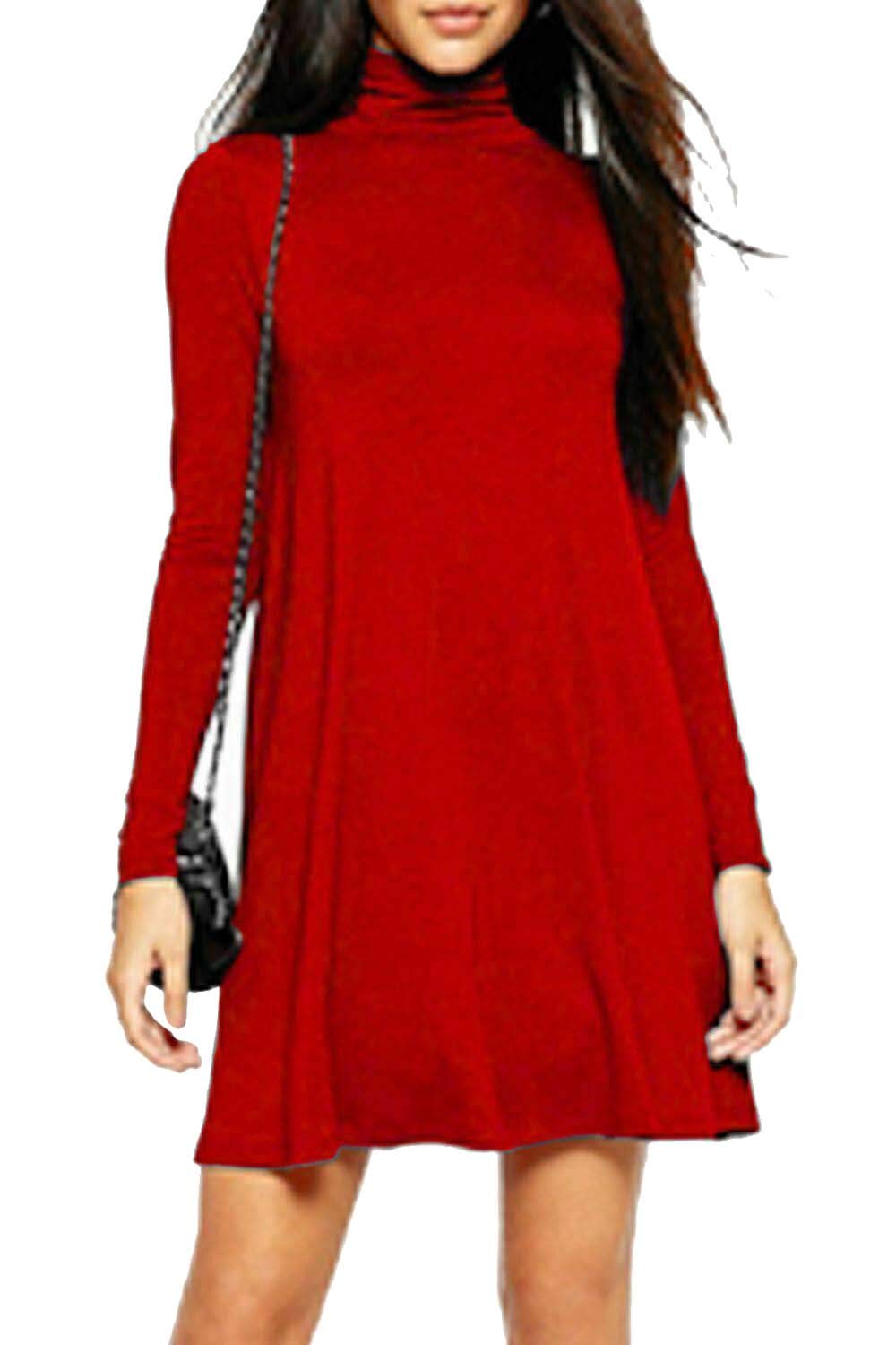 Biwtup Women's Red Franki Fla Skater Dress Turtle Neck Polo High Mini Swing Dress (, Uk 20-22 Xxl)