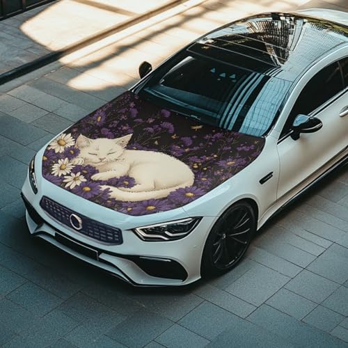 Image of Car Hood Cover,Snowproof Car Hood Cover Protector Suitable Most Automotive Sedans Trucks Pickup Sports Cars,Car Accessories Cat Daisy Print
