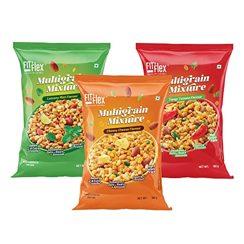 Image of Fit & Flex Multigrain Mixture Baked Namkeen and Healthy Snacks Zero Cholesterol Tasty Party Snacks Lemony Mint, Tangy Tomato, Cheesy Cheese - As Seen on Shark Tank India - Pack of 3, 540gm