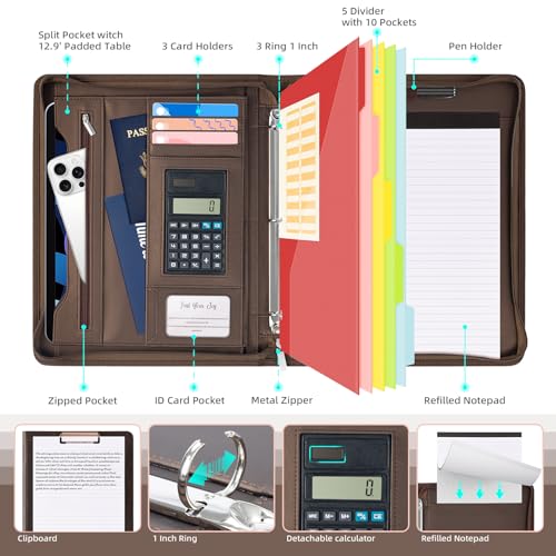 Image of Ospelelf Zippered Portfolio Binder, Leather Clipboard Folder with Storage, 3 Ring Binder 1 Inch, 12.1 inch Tablet Sleeve, 5 Dividers with Pocket, Refillable Notepad, Card Slot (Brown)