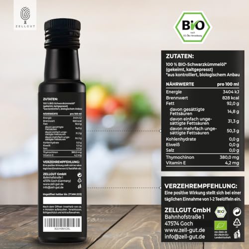 ZELLGUT© Bio SCHWARZKÜMMELÖL 250ml | rein, schonend kaltgepresst, GEKEIMT & nativ | aus original ägyptischem Schwarzkümmel | Frischegarantie: direkt vom Hersteller | 380 mg THYMOCHINON