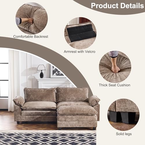 Karl home 87" Sectional Couch 2-Seat Deep Sofa Couch with Ottoman Modern L Shape Sectional Sofa Chenille Upholstered for Living Room, Apartment, Studio, Office, Light Brown - Image 6