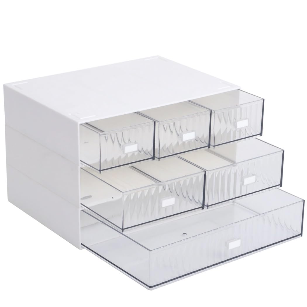 Organizer da scrivania in plastica trasparente con 6 cassetti, impilabile e compatto, per ufficio, casa, trucco e materiale scolastico