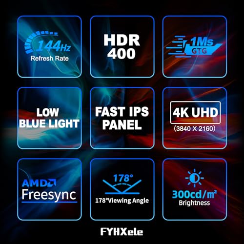 Image of FYHXele 32 inch 4K Gaming Monitor, UHD Fast IPS Panel 144Hz Monitor, Computer Monitor Support FreeSync, HDR400, 1ms, 100% sRGB, with DP, Type-C, HDMI2.0 /2.1, USB Hub, Support Wall-Black