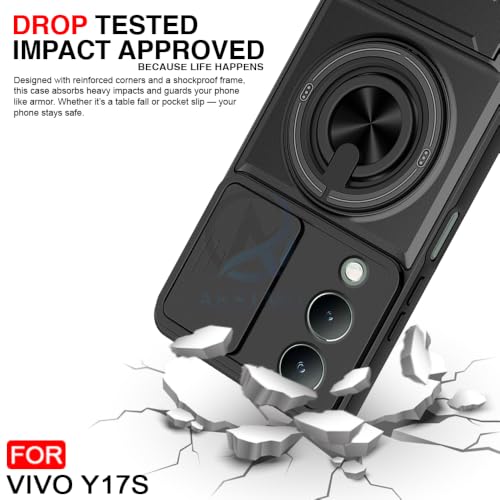 Image of AESTMO Vivo Y17S Back Cover | Armor Camera Slider 360 Degree Rotating Finger Ring Holder Case with Bracket Stand Back Case Cover (Compatible with MagSafe Accessories) (Black)