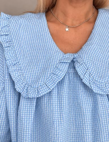 Image of Ynhonra Women's Gingham Mini Dress 3 /4 Puff Sleeve Babydoll Doll Collar