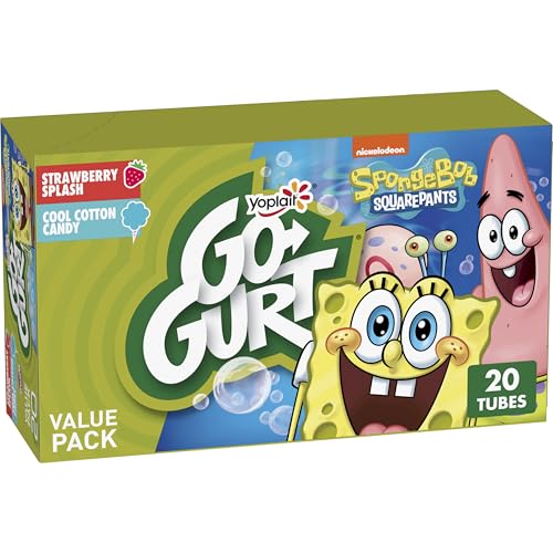 Go-GURT SpongeBob SquarePants Strawberry Splash and Cool Cotton Candy Kids Fat Free Yogurt Variety Pack, Gluten Free, 2 oz Yogurt Tubes (20 Ct)