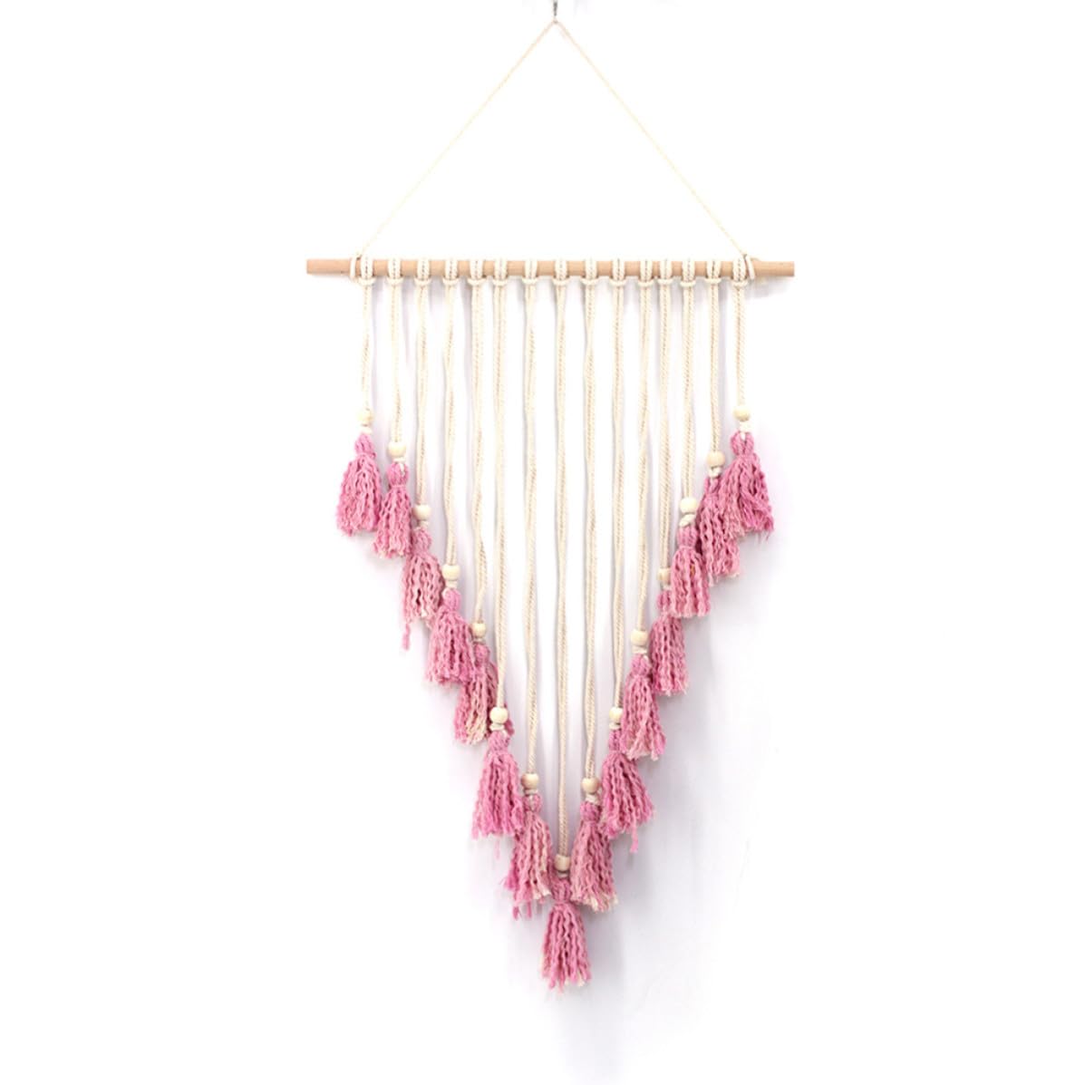 Tapiz bohemio de algodón beige y rosa hecho con flecos para una decoración chic 8