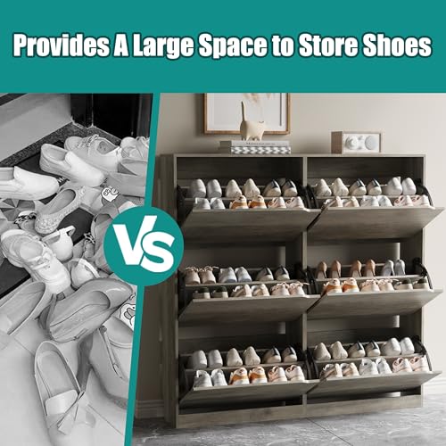 Image of Xixini Shoe Storage Cabinet for Entryway with 6 Flip Drawers, Sturdy Wood Hidden Shoe Storage, Freestanding Narrow Slim Shoe Organizer for Front Door Entrance, Living Room, Hallway, Bedroom, Grey