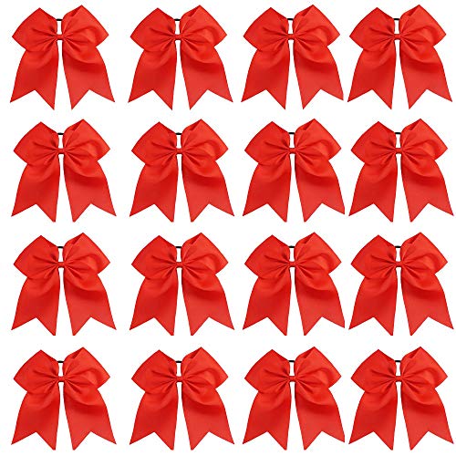 16PCS 8 Large Cheer Hair Bows Ponytail Holder Elastic Band Handmade for Cheerleading Teen Girls College Sports (Red 1 Count (Pack of 16))