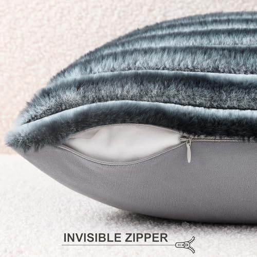 Image of Pallene Faux Fur Plush Throw Pillow Covers 18x18 Set of 2, Luxury Soft Fluffy Striped Decorative Pillow Covers for Sofa, Couch, Living Room, Ombre Blue