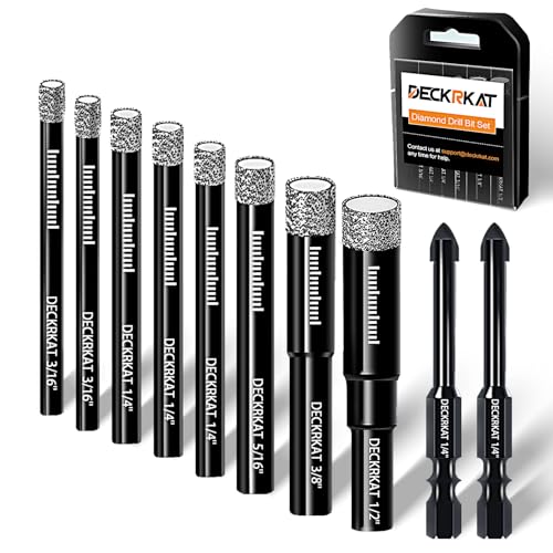 DECKRKAT 10-Piece Dry Diamond Drill Bits & TileDrill Bits - 3/16'(x2), 1/4'(x3), 5/16', 3/8', 1/2' + 1/4'(x2) Masonry Bit for Tile,Ceramic, Porcelain,Marble,Granite.