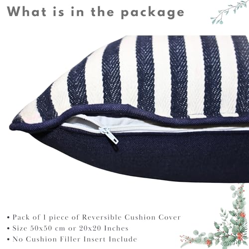 Image of Pack of 1 Reversible 20x20 Navy Stripe Cotton Woven Fashion Throw Pillow Covers Cases for Couch Sofa Home Decoration | 50 x 50 cm