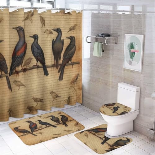 4 Piece Decor Shower Curtains Sets Bathroom Sets with Curtain Rug Toilet Cover And U Shaped Mat Old Vintaghe Black Bird Waterproof Personality Pattern Bath Curtain Blackbird Animals White Wildlife