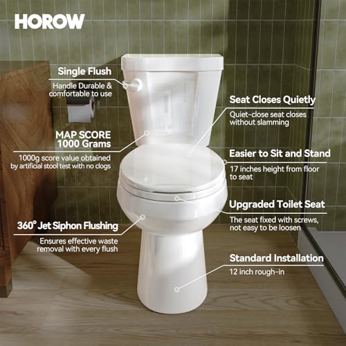 HOROW 17 Inch Tall Toilet, Two-Piece Round Toilet with ADA Comfort Chair Height Seat, Powerful 1.28 GPF Single Flush Toilet for Bathroom, 12" Rough In High Toilet for Seniors, White Toilet Bowl - Image 3