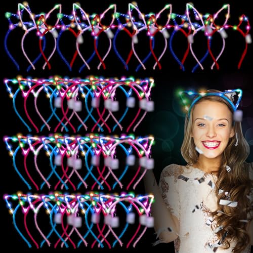 Xinnun 64 Pieces Light up Cat Ears Headband Bunny LED Glow in Dark Cat Animals Ears Hairband Holiday Lighted Supplies for Adult Birthday Rave Favor