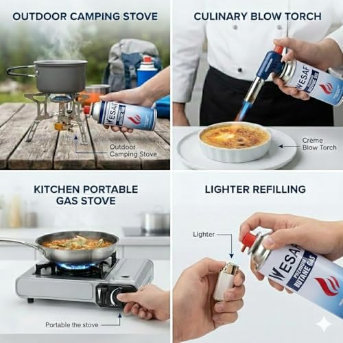 Image of Wesaf Butane Gas 225g (Pack of 4) | Camping Gas Cylinder | Portable High-Pressure Butane Can Liquefied Gas Canister Ideal for Refilling Lighters, Small Stoves, Flame Torches and Welding Equipment