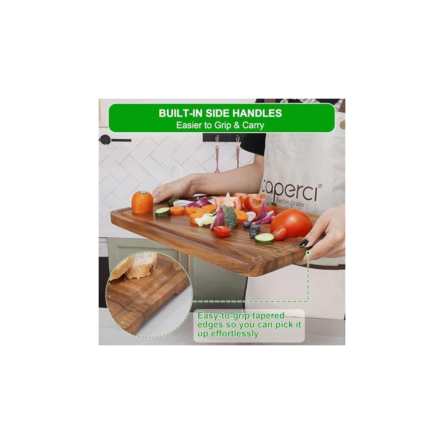 Acacia Wood Cutting Board for Kitchen - Caperci Organic Wooden Chopping Serving Board with Deep Juice Groove for Meat (Butcher Block) Veggies, Fruit and Cheese, 17 x 12"