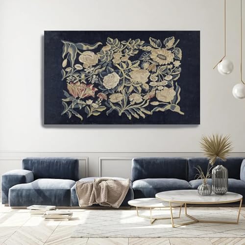 Impression textile rétro fleurs bleues décoration maison toile