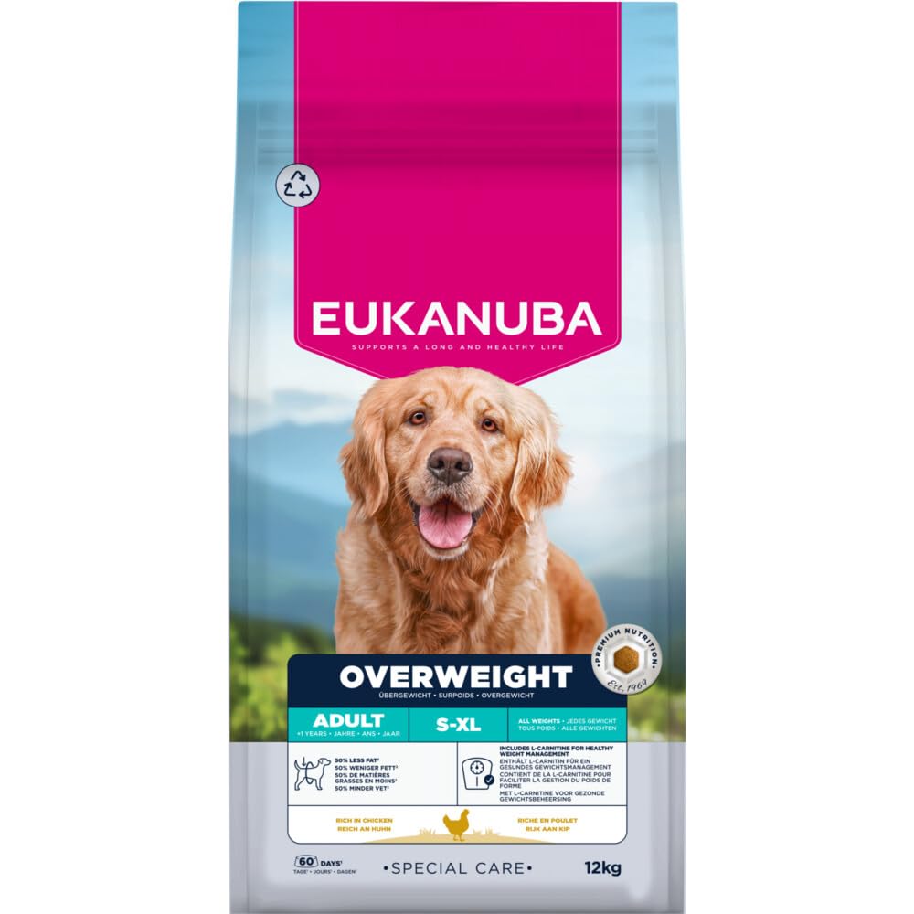 Eukanuba Overweight karma dietetyczna dla psów z kurczakiem – niskotłuszczowa, sucha karma do odchudzania dla psów ze skłonnością do nadwagi, 12 kg