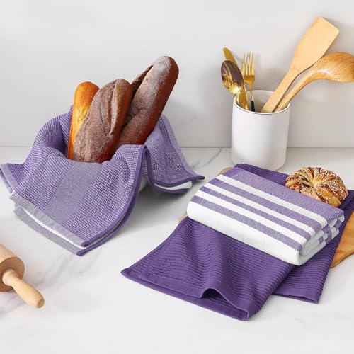 Image of Homaxy Premium Kitchen Towels(18 inchx 28 inch, 3 Pack), Large Cotton 380 GSM Kitchen Hand Towels, Soft and Absorbent Terry Dish Towels, Multipurpose Tea Towel Set with Hanging Loop, Purple