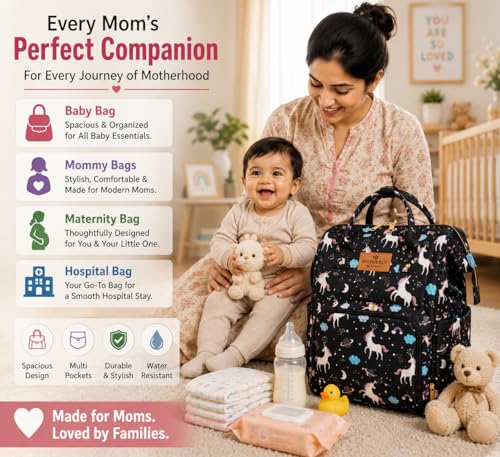 Image of Motherly Patented Diaper Bag Backpack for Moms | Waterproof Baby Travel & Maternity Bag | Spacious Nappy Bag with Insulated Bottle Pockets & Warranty (Elegant Series)