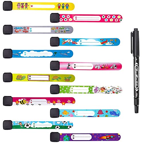 Notfall-Armband für Kinder, 12 Stück SOS Armband mit 1 Marker Stift, ID Armband, Kinder Namensarmband Wasserdichtes Wiederverwendbares für Kleinkind Baby, Jungen, Mädchen Cover