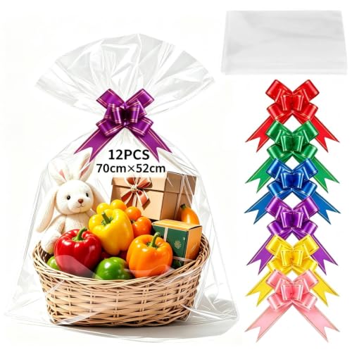 MtnLaur 12Pcs Large Cellophane Bags for Hampers with Pull Bows Clear Cellophane Wrap Bags for Gift Baskets Hamper Cellophane Wrap for Hampers Presents Packaging Weddings Birthdays (70 x 52CM)