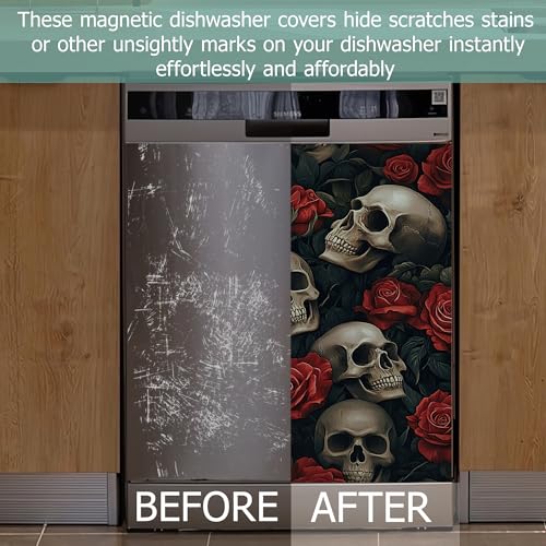 Image of Halloween Skull Refrigerator Magnet Cover,Gothic Red Rose Flower Washable Dishwasher Magnets Decorative Cover,Home Kitchen Decorative Dishwasher Front Panel Cover 23x26 Inch
