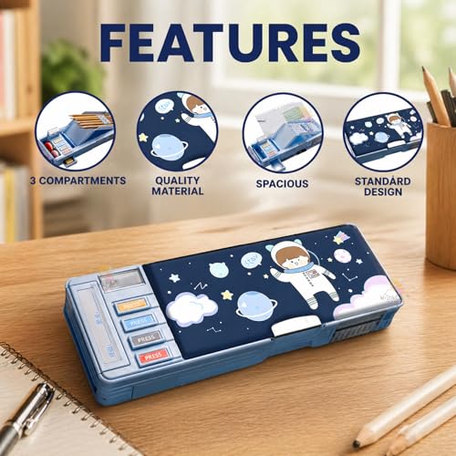 Image of WISHKEY Astronaut Theme Pencil Box for Kids, Dual Side Pencil Box with Magnetic Lock, Multifunctional Pencil Case with Pencil Holder, Storage Compartments, Built-in Sharpener (Pack of 1, Blue)