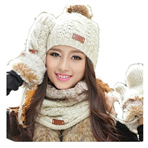 Pormow Winter Warme Frauen Wolle Hut/Schal/Handschuhe Set Strickmütze Schal Handschuh (Creme-farbig) Cover