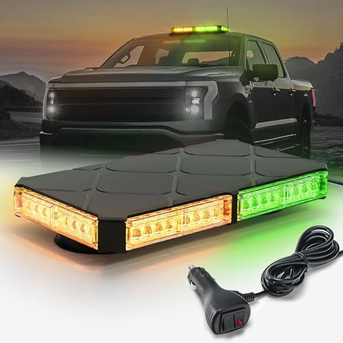 Image of 12 Inch Roof Top Beacon Emergency Strobe Lights w /Magnetic Base, Mini LED Warning Traffic Hazard Caution Light Bar for Halloween Work Trucks Vehicles (Amber /Green)
