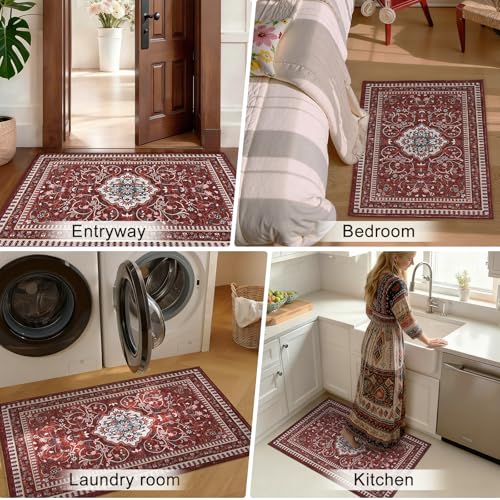 Tapete Boho Rojo 2' x 3' Lavable Antideslizante miniatura 6
