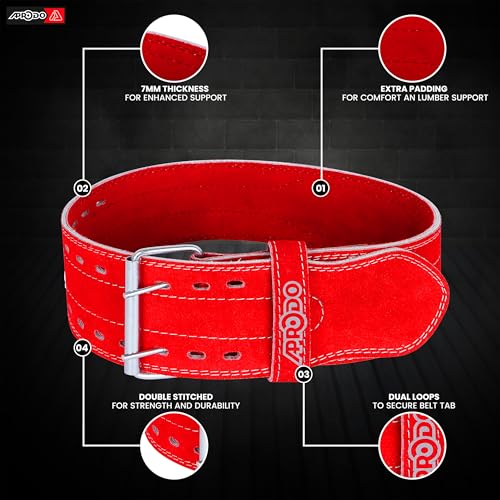 Image of Aprodo Gym Belt for Men and Women Workout with Secure Double Prong Buckle | 8.6mm Thick Suede Leather Professional Belt For Heavy Weight-Lifting, Powerlifting, Bodybuilding, Squatting and Strength Training (Red, S)