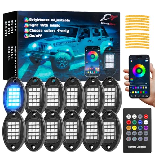 NOVAREV 12 Pods RGB LED Rock Lights for Trucks Comes with App Remote Control Music Mode Warning Sticker Multi-Zone Under Glow Lights High Bright Multicolor IP68 Waterproof Neon Accent Lighting