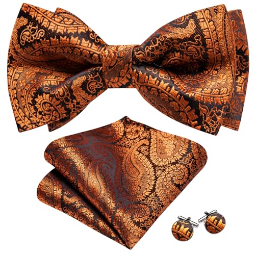 Image of Barry.Wang Paisley Striped Bow Tie for Men Silk Pre-Tied Bowtie Pocket Square Cufflinks Set Formal Wedding Party Prom