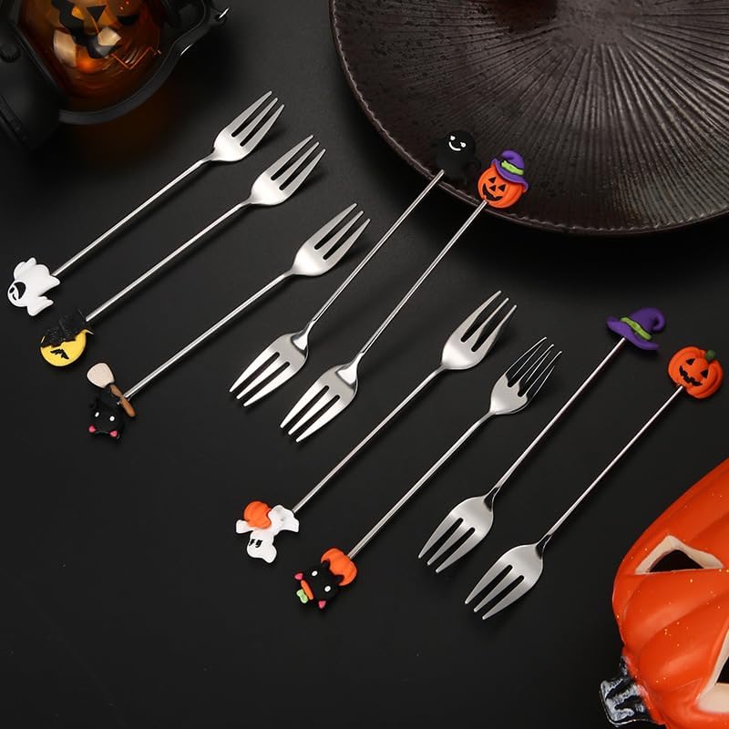 Silverware Set, 1/4/6/8 Pieces Halloween Cutlery Forks Creative Cartoon Dessert Forks Fruit Forks Dessert Forks, Home Cutlery Flatware Set(Black,8 Pieces)