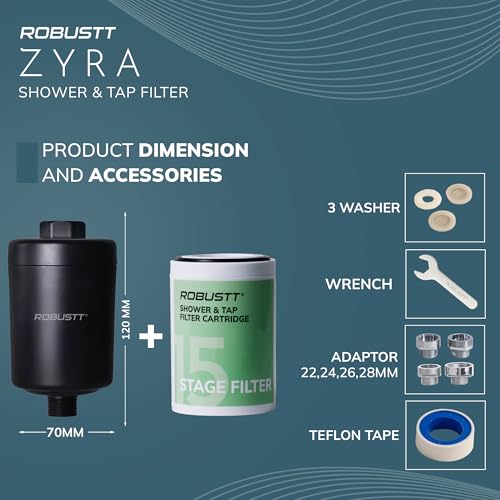 Image of Robustt Zyra 15 stage Shower /Tap Filter & Water Softener for Home (Black) | Reduces Hair Fall, Skin Dryness & Limescale| Hard Water Filter For Tap, Shower, Handshower| For Municipal /Chlorine Water