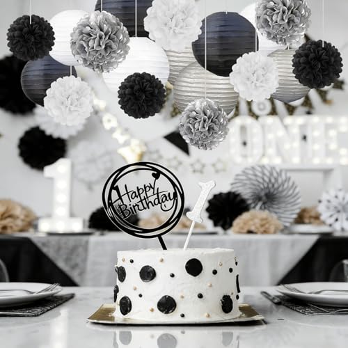 Image of 18 PCS Black White Silver Paper Lanterns & Tissue Paper Pom Poms for Men's Birthday, Graduation 2026, Wedding, Hanging Paper Decor for Indoor Outdoor Events Theme Party Supplies