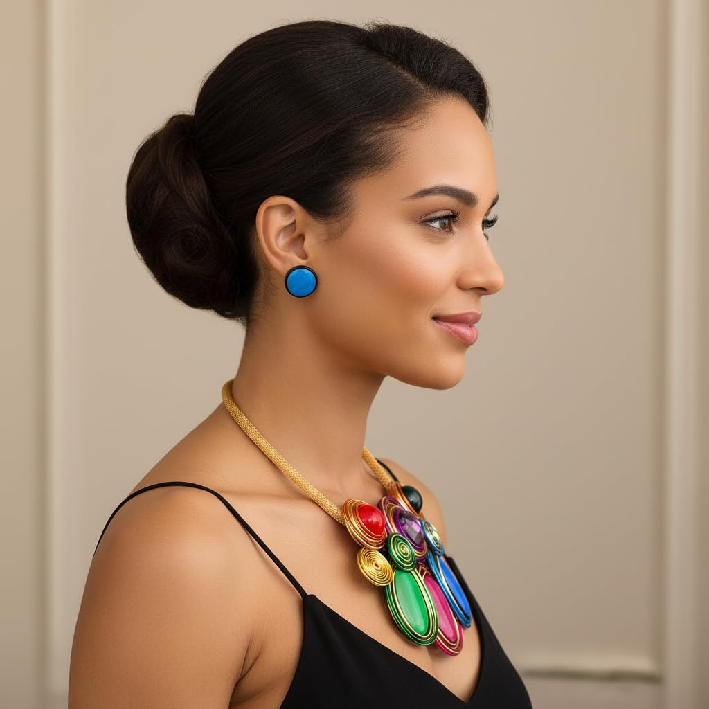 Statement Necklace and Earring Set, Purple Spiral Wire Design with Iridescent Stones,Gold Mesh Chain - Image 2