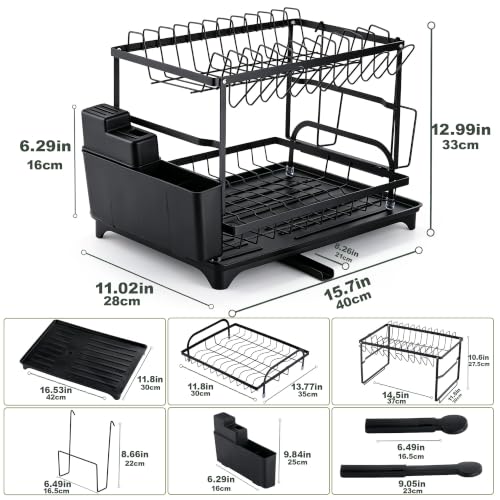 Image of Story@Home Dish Drying Rack - 2 Tier Space-Saving Dish Rack | Multifunctional Dish Drainer for Kitchen Counter with Drainboard, Utensil, Cup Holder | Kitchen Accessories Items for Home - Carbon Steel